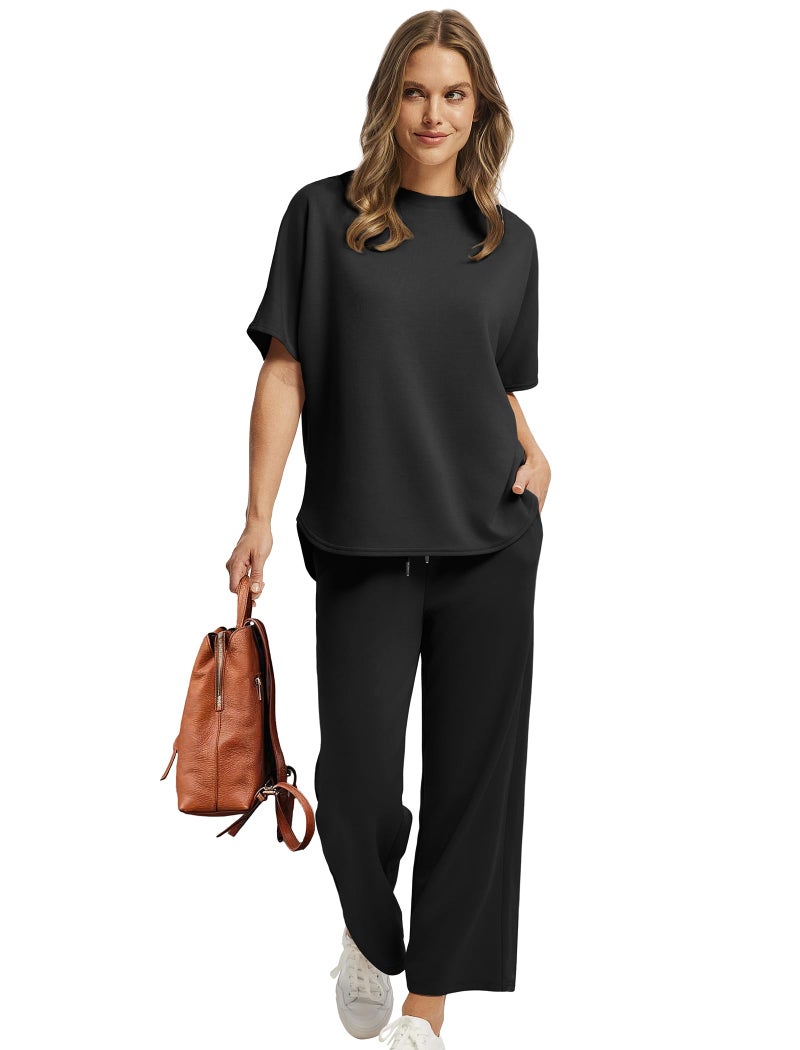 Sampeel 2 Piece Sets Summer Outfits for Women 2025 Cozy Lounge Wide Leg Crop Pants Matching Sets Women Clothing Travel Outfits Black S - Image 2