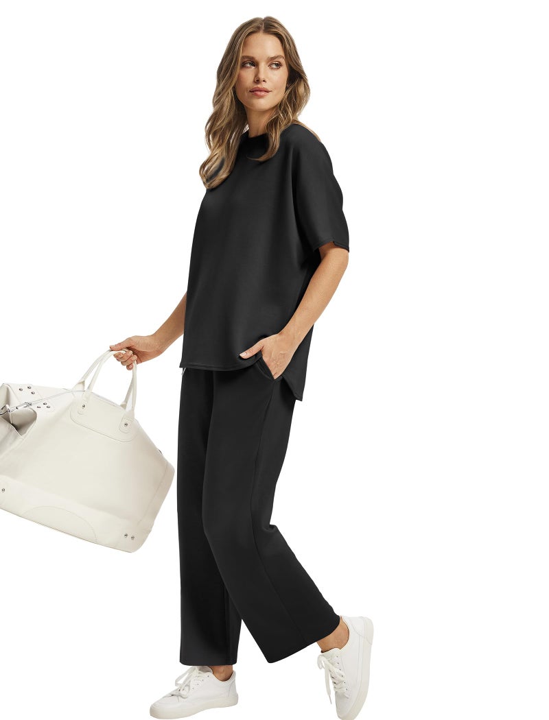 Sampeel 2 Piece Sets Summer Outfits for Women 2025 Cozy Lounge Wide Leg Crop Pants Matching Sets Women Clothing Travel Outfits Black S - Image 3