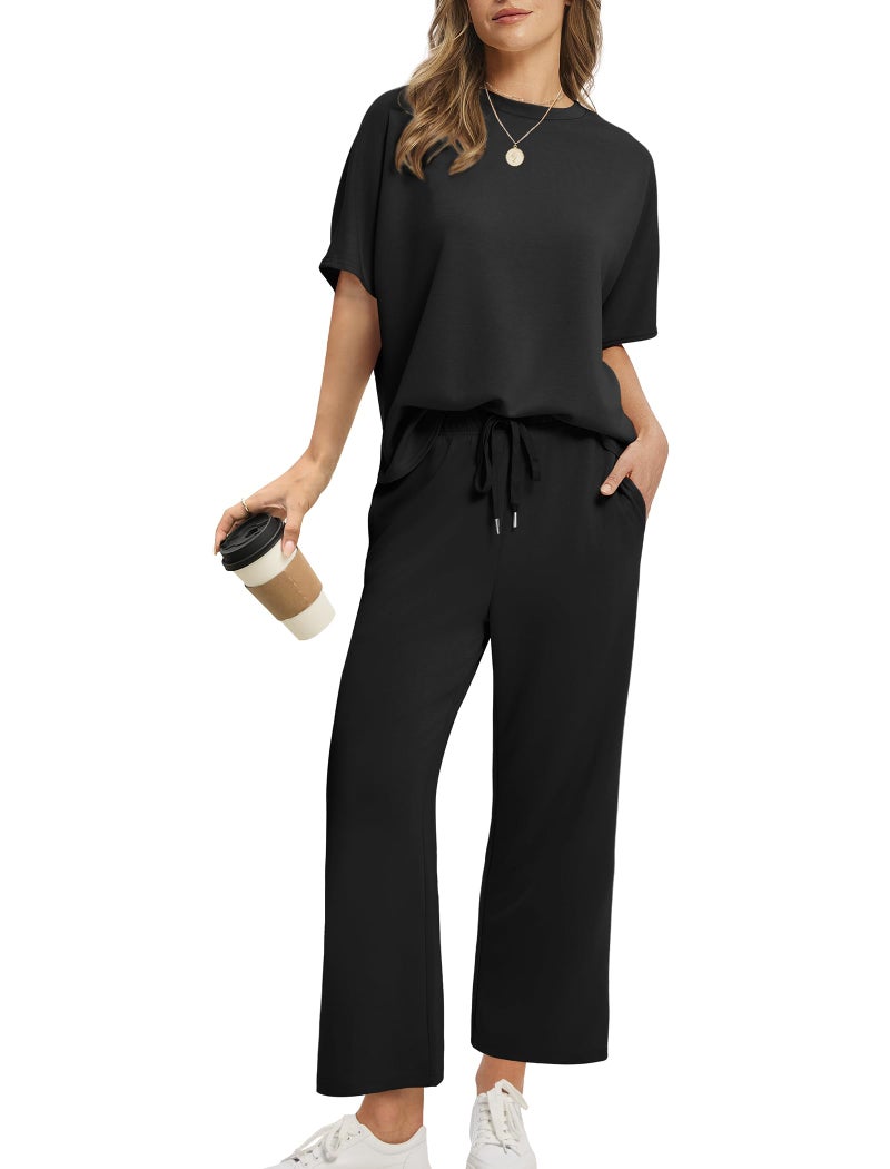 Sampeel 2 Piece Sets Summer Outfits for Women 2025 Cozy Lounge Wide Leg Crop Pants Matching Sets Women Clothing Travel Outfits Black S - Image 1