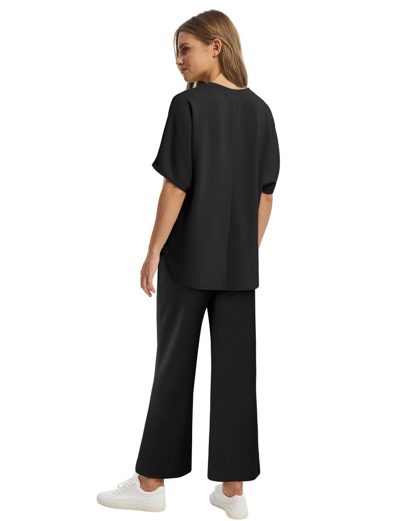Sampeel 2 Piece Sets Summer Outfits for Women 2025 Cozy Lounge Wide Leg Crop Pants Matching Sets Women Clothing Travel Outfits Black S - Image 5