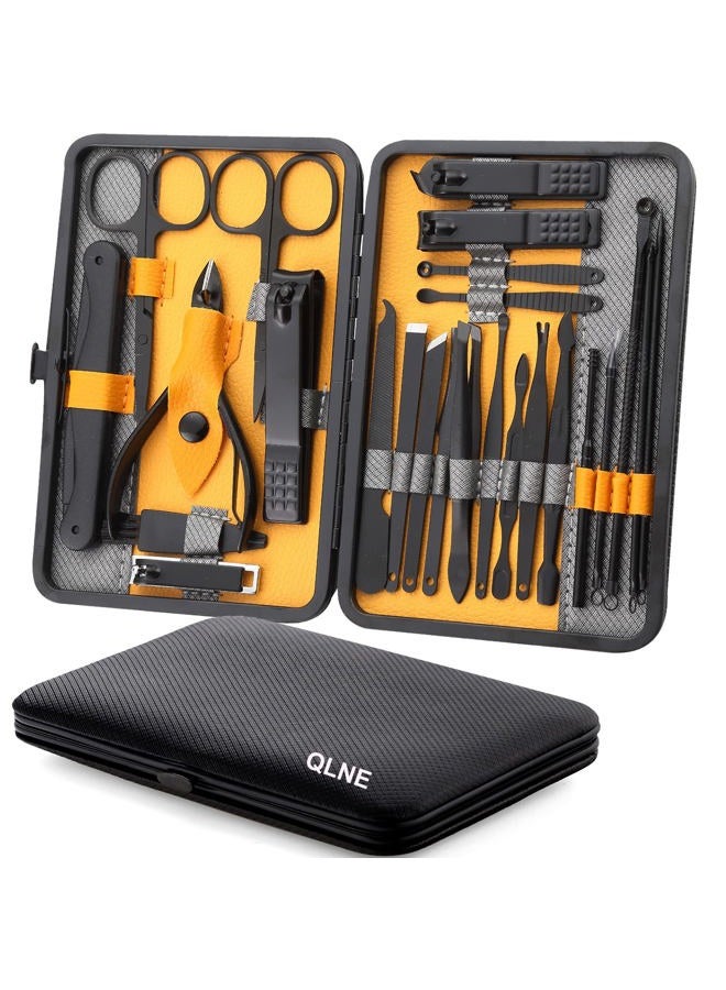 QLNE Nail Clippers Sets High Precisio Stainless Steel Nail Cutter Pedicure Kit Nail File Sharp Nail Scissors and Clipper Manicure Pedicure Kit Fingernails & Toenails with Portable cas (Yellow/Gray_25 in 1) - Image 1