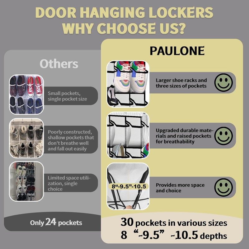 Paulone Over the Door Shoe Organizer, 30 Multi-Size Large Breathable Mesh Pockets, Reusable Breathable Large Mesh Pockets, Boys' and Girls' Shoe Organizer, Space Saving Hanging Organizer (White). - Image 5