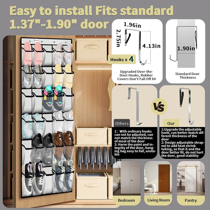 Paulone Over the Door Shoe Organizer, 30 Multi-Size Large Breathable Mesh Pockets, Reusable Breathable Large Mesh Pockets, Boys' and Girls' Shoe Organizer, Space Saving Hanging Organizer (White). - Image 4