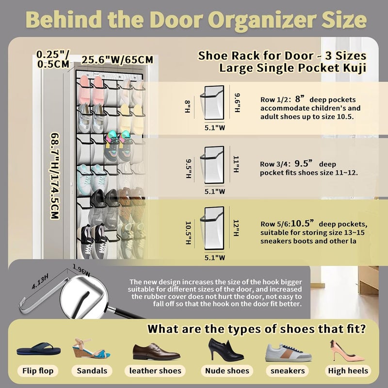 Paulone Over the Door Shoe Organizer, 30 Multi-Size Large Breathable Mesh Pockets, Reusable Breathable Large Mesh Pockets, Boys' and Girls' Shoe Organizer, Space Saving Hanging Organizer (White). - Image 2