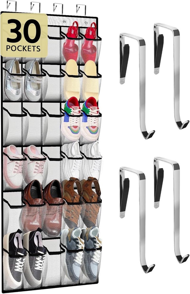 Paulone Over the Door Shoe Organizer, 30 Multi-Size Large Breathable Mesh Pockets, Reusable Breathable Large Mesh Pockets, Boys' and Girls' Shoe Organizer, Space Saving Hanging Organizer (White). - Image 1