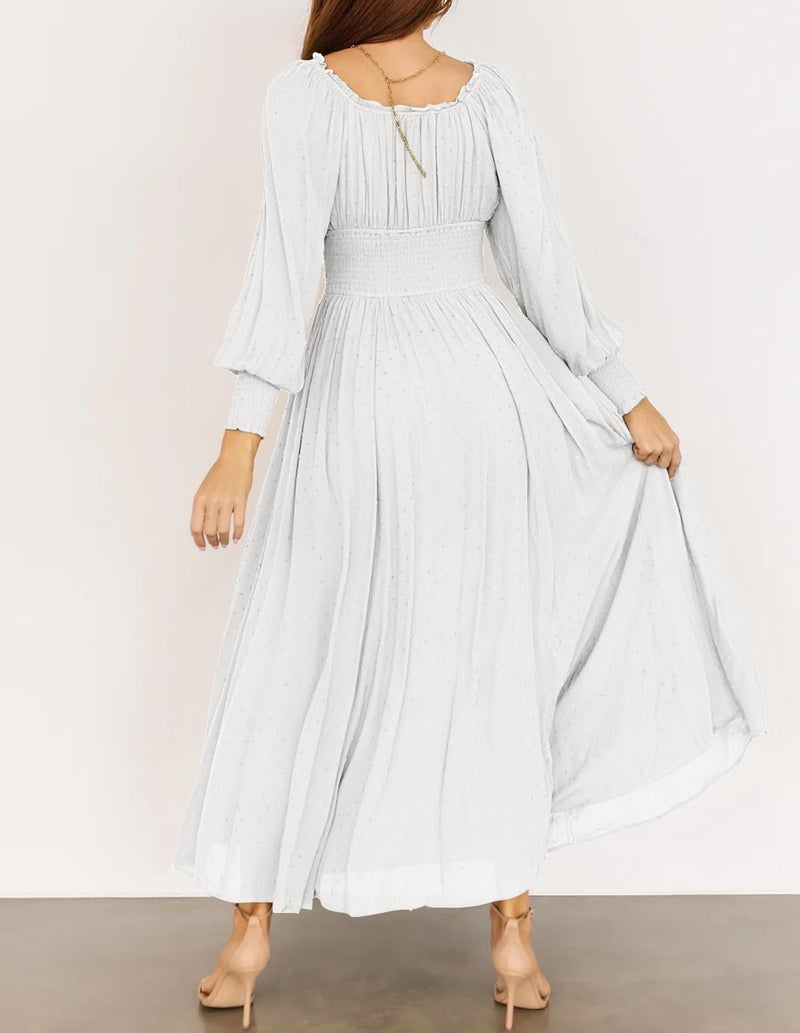 R.Vivimos Women's Puff Long Sleeve Maxi Dress Square Neck Elastic Empire Waist Swiss Dots Casual Flowy A-Line Long Dresses (Medium, White) - Image 4