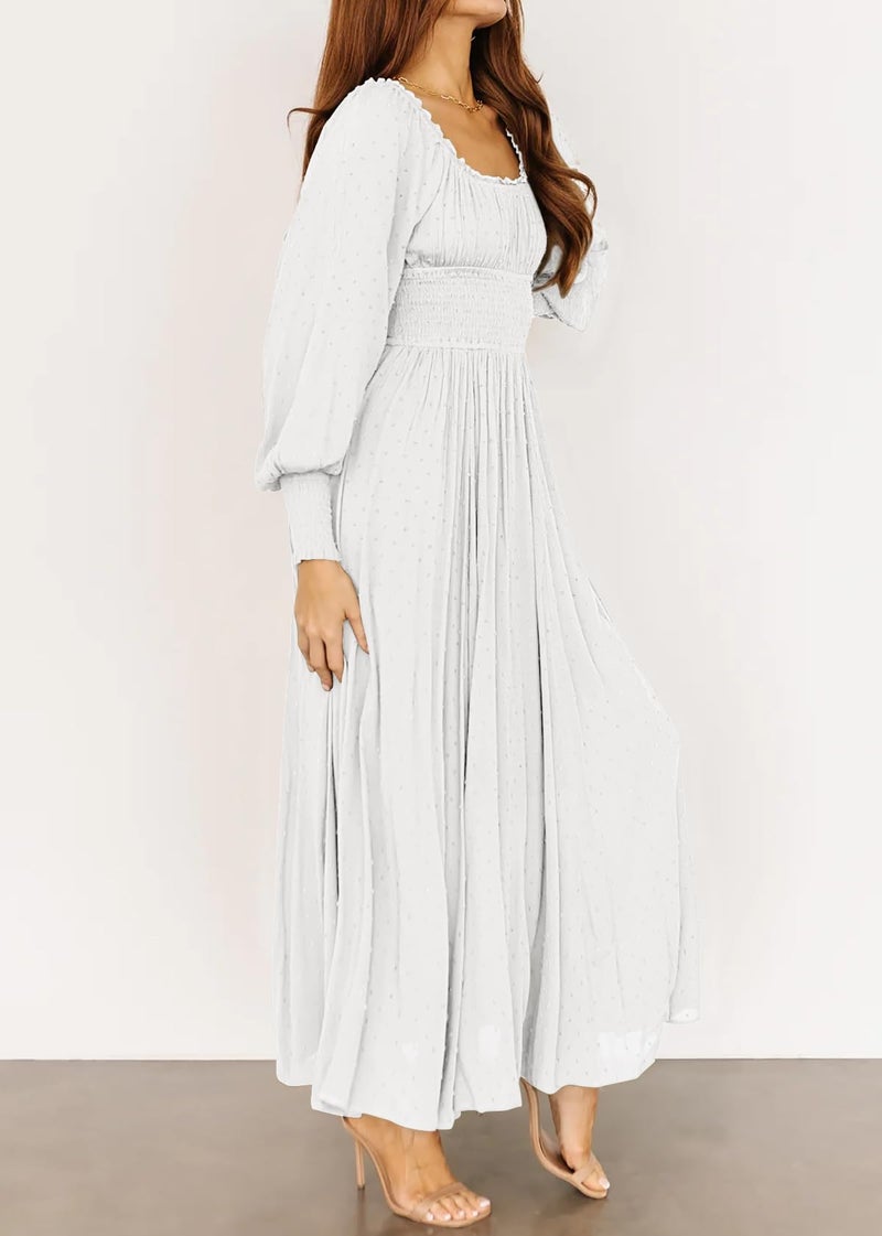 R.Vivimos Women's Puff Long Sleeve Maxi Dress Square Neck Elastic Empire Waist Swiss Dots Casual Flowy A-Line Long Dresses (Medium, White) - Image 2