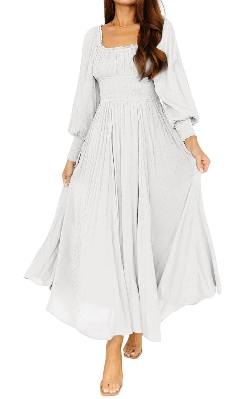 R.Vivimos Women's Puff Long Sleeve Maxi Dress Square Neck Elastic Empire Waist Swiss Dots Casual Flowy A-Line Long Dresses (Medium, White) - Image 1