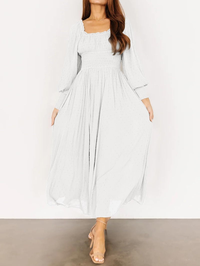 R.Vivimos Women's Puff Long Sleeve Maxi Dress Square Neck Elastic Empire Waist Swiss Dots Casual Flowy A-Line Long Dresses (Medium, White) - Image 3