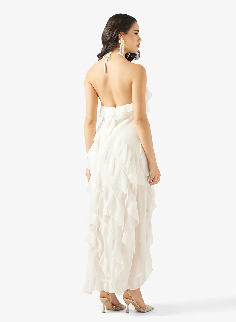 Ginger Halterneck Waterfall Frill Detail Dress