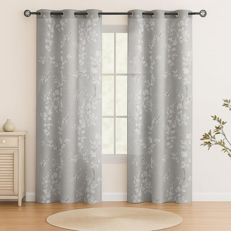 BFAM Sheer Curtain with Floral Print, Premium Printed Sheer Drapes, Eyelet/Grommet Curtain for Living Room, Bedroom, Light Filtering Curtains, Grey Floral 7 Feet,Pack of 1 Curtain - Image 1