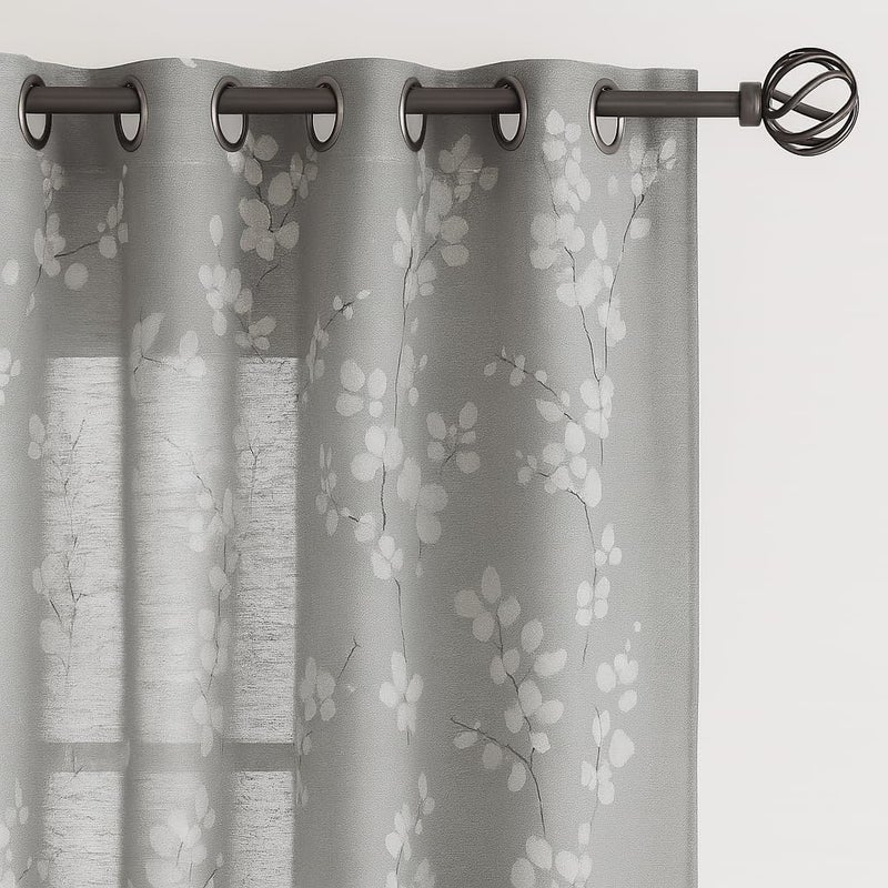 BFAM Sheer Curtain with Floral Print, Premium Printed Sheer Drapes, Eyelet/Grommet Curtain for Living Room, Bedroom, Light Filtering Curtains, Grey Floral 7 Feet,Pack of 1 Curtain - Image 2