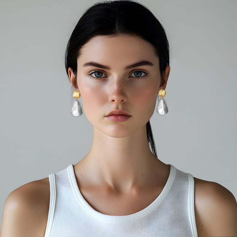 YUJIE Gold Plated Earrings for Women Geometric Chunky Dangle Earring Hammered Trendy Two-Tone Statement Jewelry - Image 4
