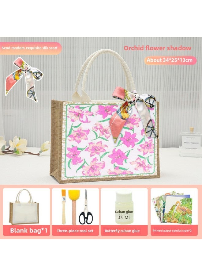 Thanksgiving Diy Handmade Butterfly Ancient Bart Canvas Tote Bag Sack Paste Group Building Parent-child Material Bag Warm-up Field-Color:Butterfly Cubanland Flower Shadow Material Pack + Large Burlap Bag Horizontal Style  - Image 1