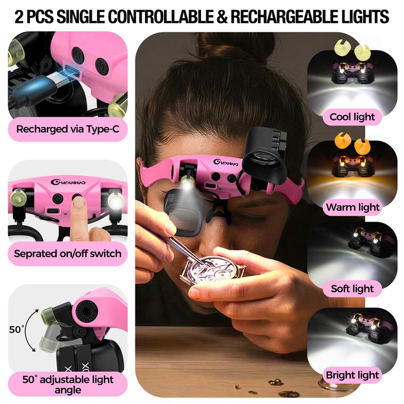 GUOUBUO Magnifying Glass with Light, 2X 4X 6X 10X 13X Magnifying Glasses Lens, Switchable Binoculus Loupe w/Storage Case, Rechargeable Head Mount Magnifier for Close Work Watch Repair Crafts Jewelry - Image 4