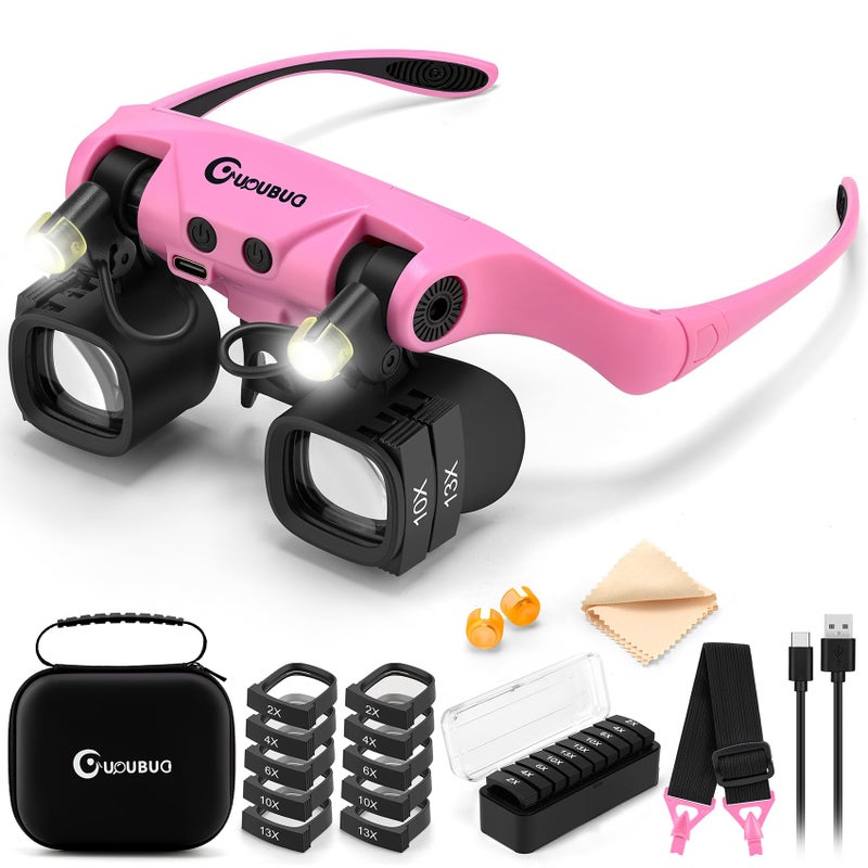 GUOUBUO Magnifying Glass with Light, 2X 4X 6X 10X 13X Magnifying Glasses Lens, Switchable Binoculus Loupe w/Storage Case, Rechargeable Head Mount Magnifier for Close Work Watch Repair Crafts Jewelry - Image 1