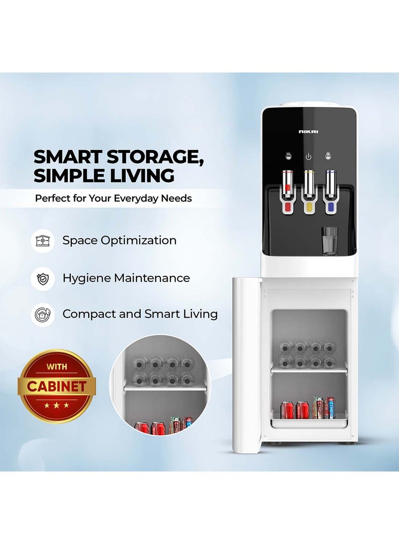NIKAI Top Loading Water Dispenser With 3 Tap Design Hot, Cool, Normal Water, With Cabinet, Compressor Cooling, 16L Cabinet, Stainless Steel Tank, Low Noise, Anti-Bacterial Design, Anti-Spill NWD1400C White - Image 3