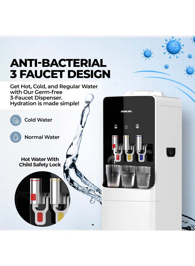 NIKAI Top Loading Water Dispenser With 3 Tap Design Hot, Cool, Normal Water, With Cabinet, Compressor Cooling, 16L Cabinet, Stainless Steel Tank, Low Noise, Anti-Bacterial Design, Anti-Spill NWD1400C White - Image 4