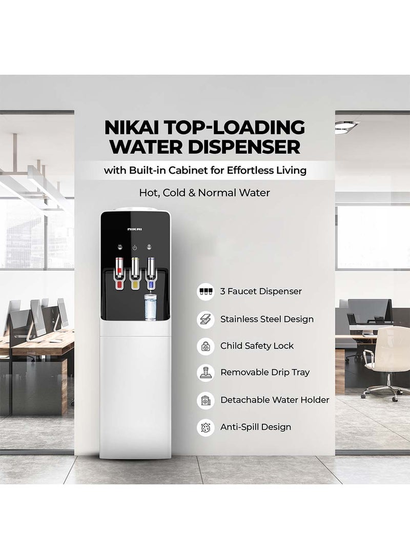 NIKAI Top Loading Water Dispenser With 3 Tap Design Hot, Cool, Normal Water, With Cabinet, Compressor Cooling, 16L Cabinet, Stainless Steel Tank, Low Noise, Anti-Bacterial Design, Anti-Spill NWD1400C White - Image 2