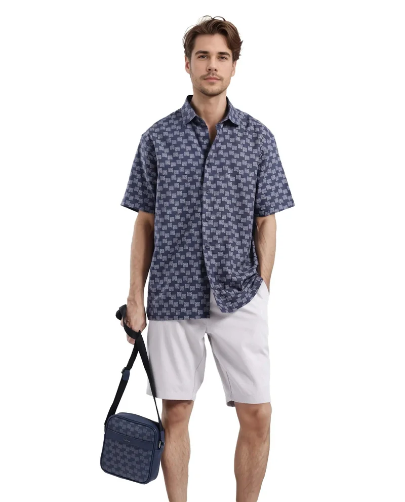 Rare Rabbit Men's Monogram Print Half Sleeve Shirt