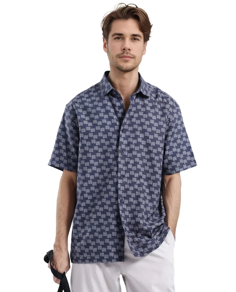 Rare Rabbit Men's Monogram Print Half Sleeve Shirt