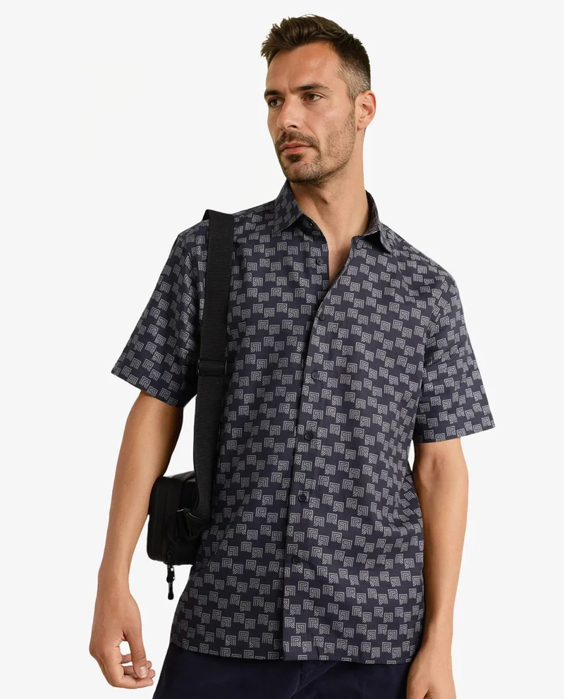Rare Rabbit Men's Monogram Print Half Sleeve Shirt
