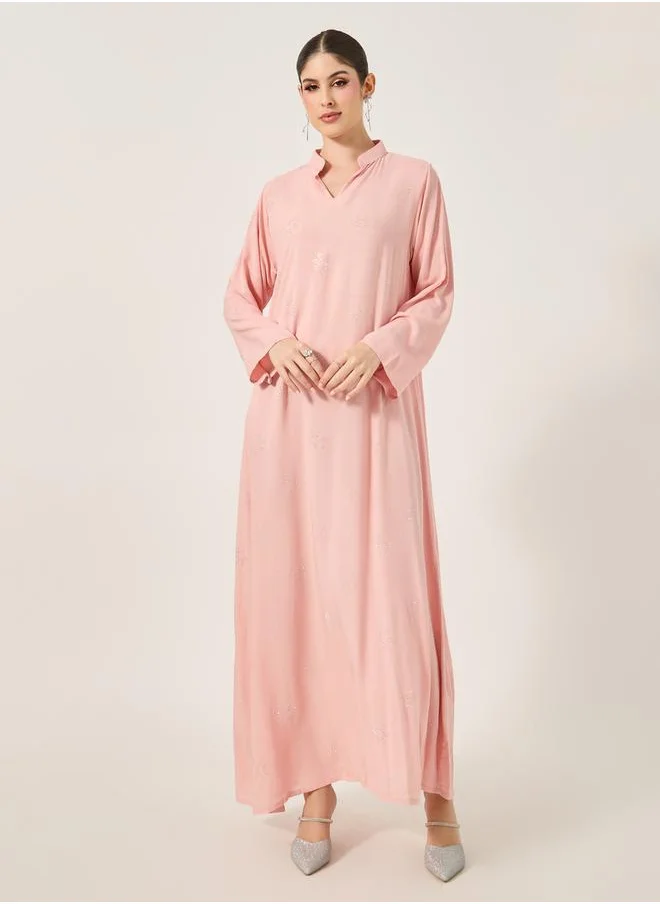 Styli Embellished Stand Collar Waist Tie-Up Jalabyia