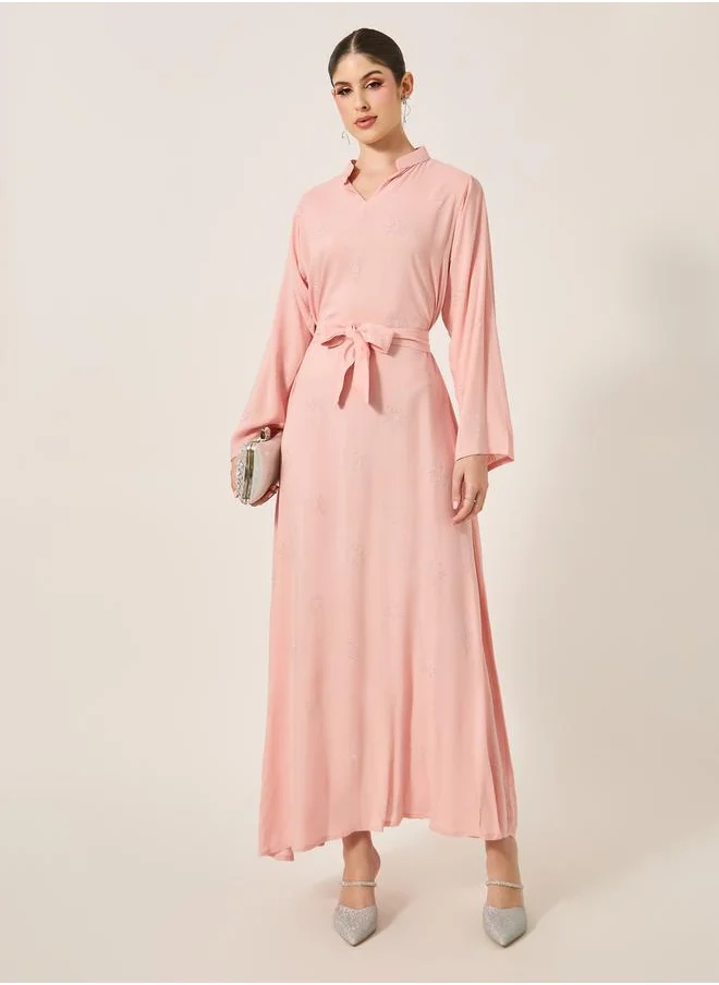 Styli Embellished Stand Collar Waist Tie-Up Jalabyia