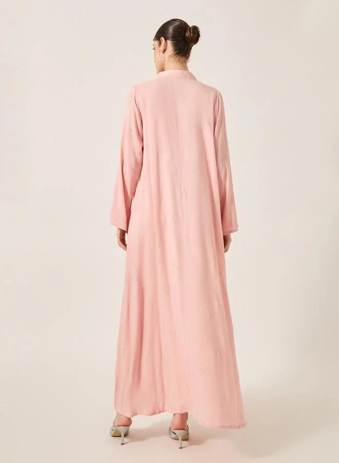 Styli Embellished Stand Collar Waist Tie-Up Jalabyia
