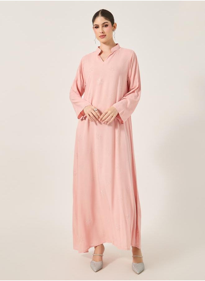 Styli Embellished Stand Collar Waist Tie-Up Jalabyia  - Image 2