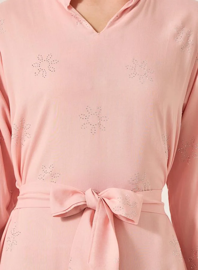 Styli Embellished Stand Collar Waist Tie-Up Jalabyia