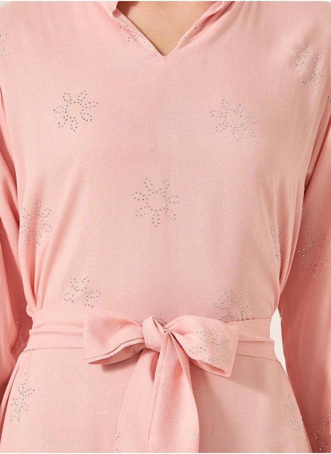 Styli Embellished Stand Collar Waist Tie-Up Jalabyia  - Image 4