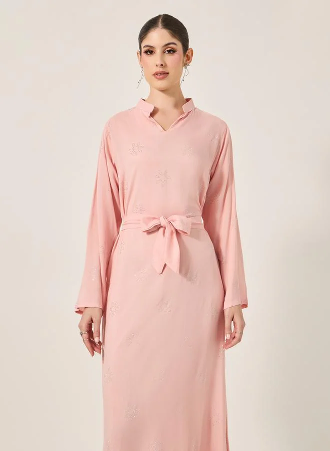 Styli Embellished Stand Collar Waist Tie-Up Jalabyia