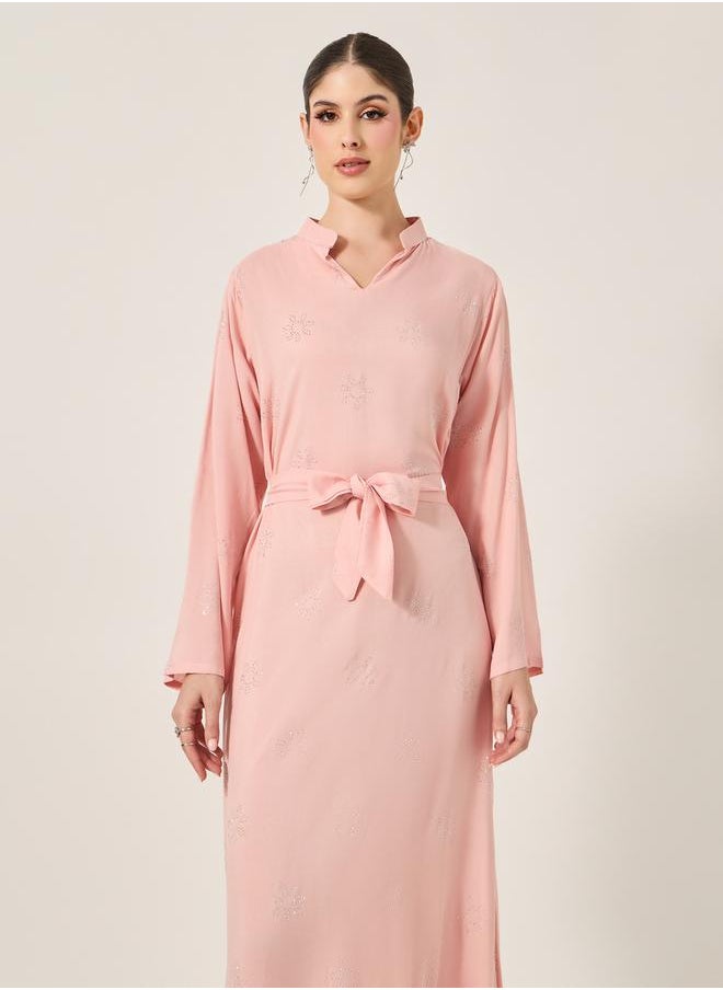 Styli Embellished Stand Collar Waist Tie-Up Jalabyia  - Image 3