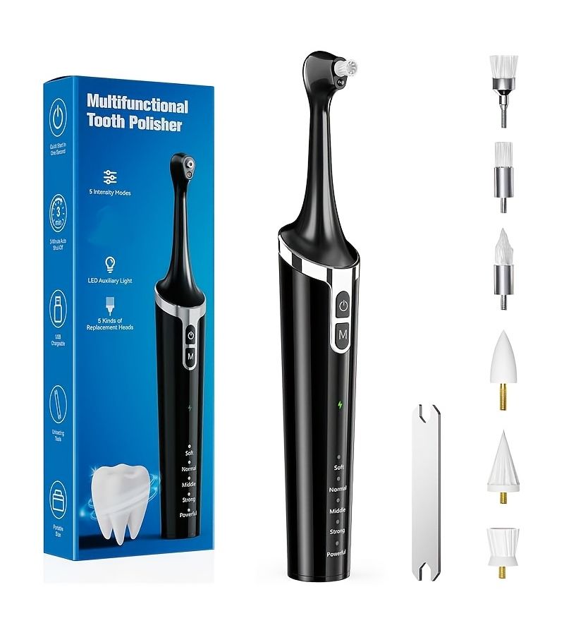 Black Electric Tooth Cleaner 6 Brush Heads 5 Modes USB Rechargeable Whitening - Image 1