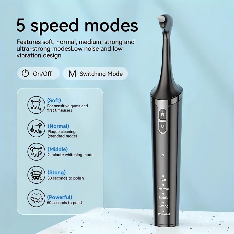 Black Electric Tooth Cleaner 6 Brush Heads 5 Modes USB Rechargeable Whitening - Image 5