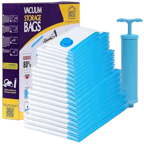 ABOUT SPACE Vacuum Compression Bags (20 Pack) with Hand Pump | 3-X Jumbo/5Jumbo/5L/5M/2S Zip Seal Storage Bag | Heavy-Duty Airtight Reusable Space Saver Luggage Organizer-Blue-Polyamide Polyethylene - Image 1