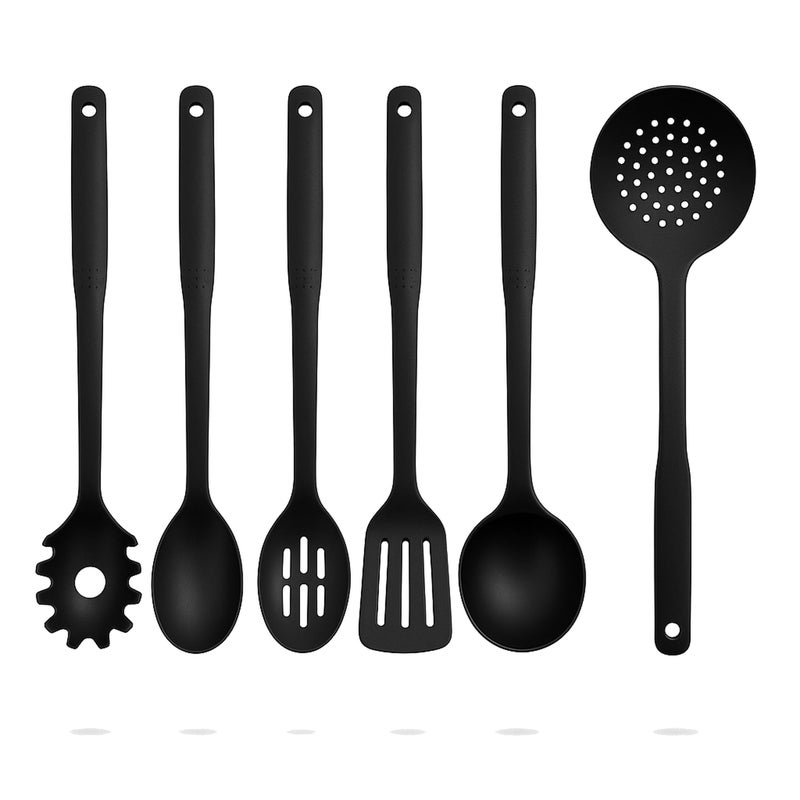 6 Piece Kitchen Utensil Set – Soup Ladle, Solid Spoon, Slotted Spoon, Slotted Spatula, Pasta Ladle, Strainer/Slotted Ladle – Heat Resistant up to 210°C, Machine Safe, Gentle on Non-Stick Surfaces - Image 2