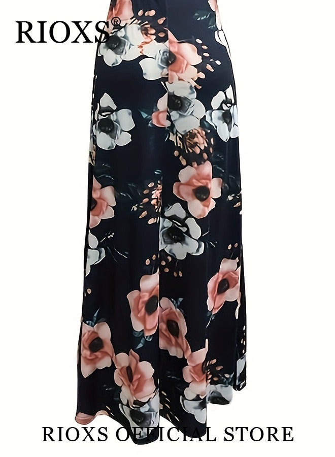 RIOXS Women's Elegant High Waist Maxi Dress, Round-neck Floral Long Dress, Long Sleeve Dress with Bow Design, Stylish Exquisite Evening Prom Dress, Perfect for Both Casual and Formal Occasions  - Image 2