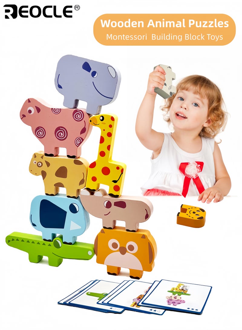 REOCLE Baby's Montessori Toys for 1-4 Year Old Boys Girls 10 Pack Wooden Animal Blocks Sorting and Stacking Educational Toddler Puzzles for Early Learning and Development - Image 1