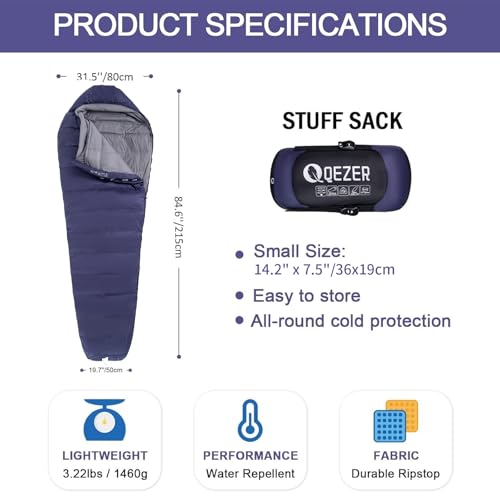 QEZER Down Mummy Sleeping Bag for Adults, 3 Season Lightweight Compact for Camping Backpacking Hiking, 45°F to 18°F Sleeping Bag with 600 Fill Power Down - Image 2