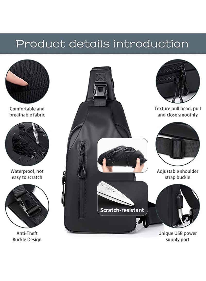 Crossbody Bag Casual Shoulder Bag for Men and Women Waterproof Leather Backpack Business Chest Bag with USB Charging Port for Travel Hiking (C) - Image 3
