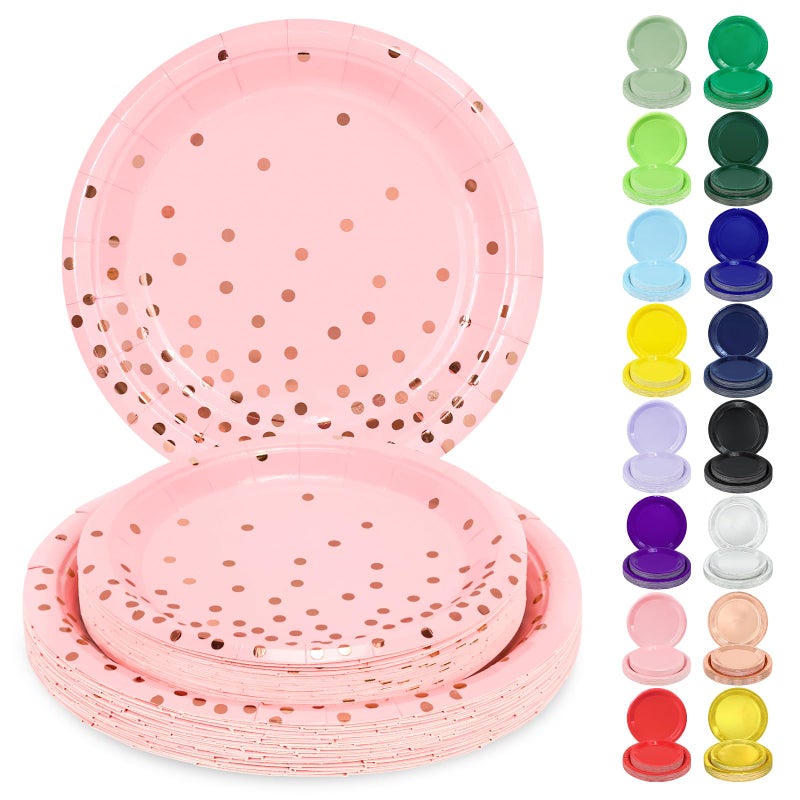 LANLISA 50 Pink and Rose Gold Paper Plates Set Includes 25-9" & 25-7" Disposable Birthday Cake Dessert Plates for Party Supplies - Image 1