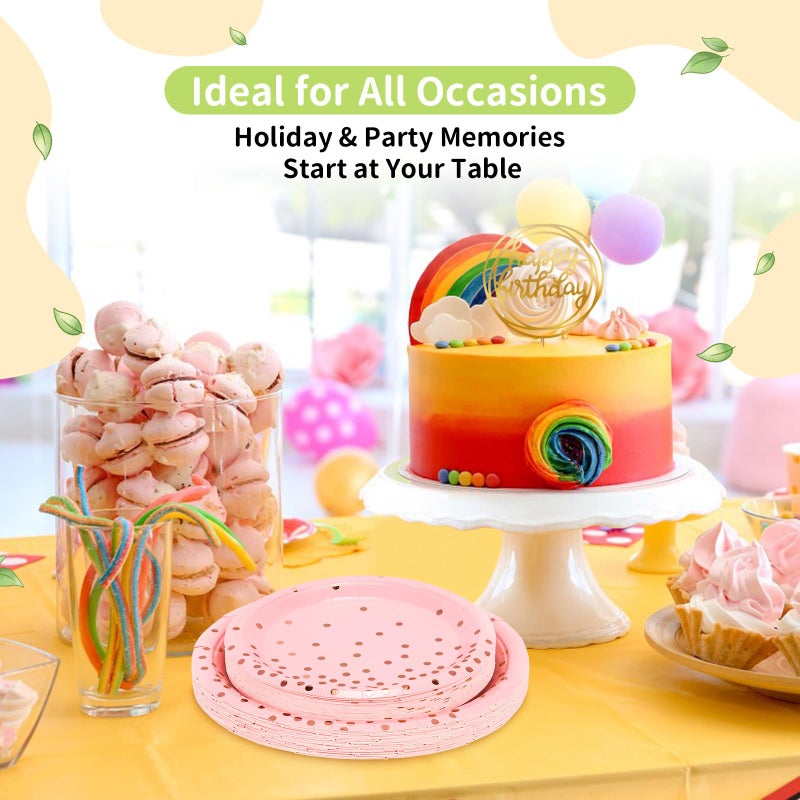 LANLISA 50 Pink and Rose Gold Paper Plates Set Includes 25-9" & 25-7" Disposable Birthday Cake Dessert Plates for Party Supplies - Image 2
