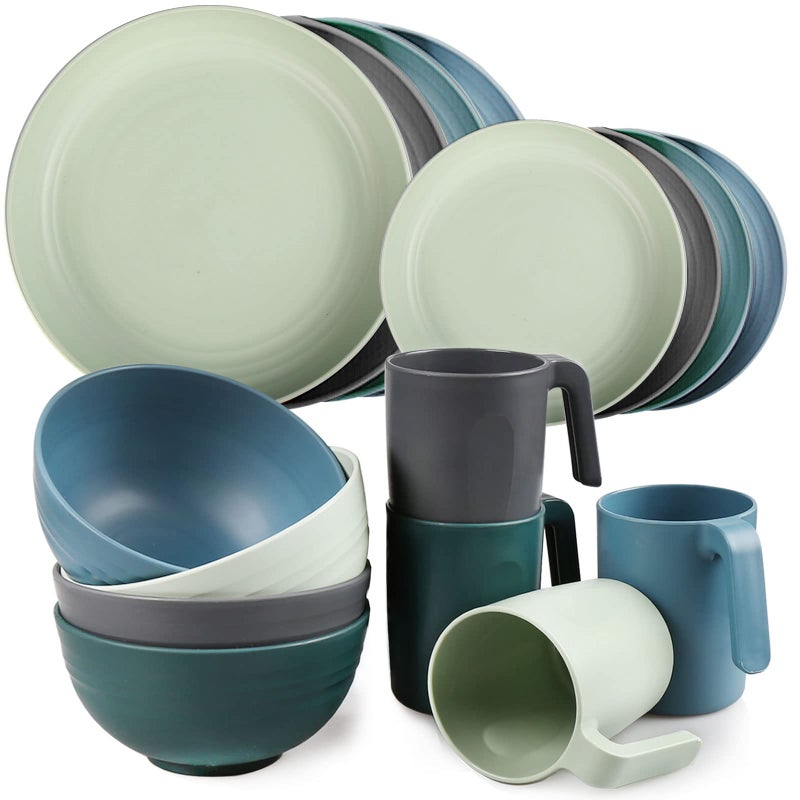 Greentainer Unbreakable Plastic Dinnerware Set Lightweight Tableware with 4 Dinning Plates 4 Dessert Plates 4 Bowls 4 Cups Kids  Adults Service for 4 DishwasherMicrowave Safe16 Pcs