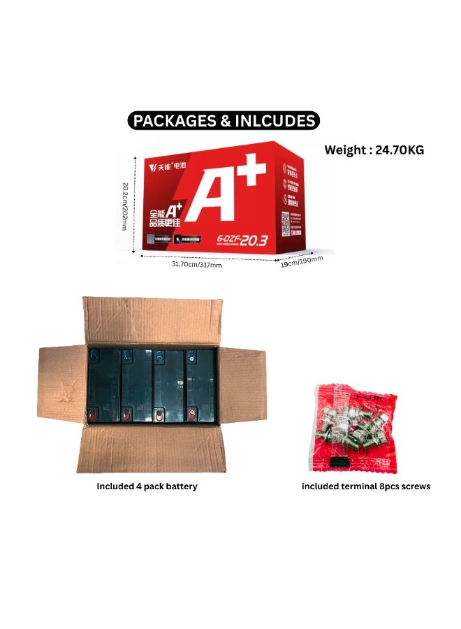 TIANNENG 6 DZF 20.3 12V 20.3Ah Sealed Lead Acid Electric Bike Battery Rechargeable VRLA Maintenance Free Battery Pack Electric Bicycle Electric Scooter Replacement Battery 4 Pack - Image 2