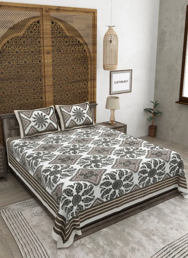 CLOTHOLOGY CLOTHOLOGY Jaipuri Brown Floral Cotton 180 TC King Fine Bedsheet with 2 Pillow Covers - 108 x 89 inches