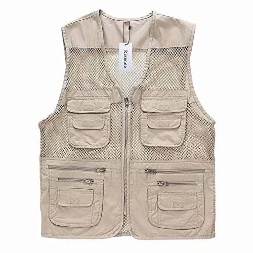 Rizanee Unisex Mesh Breathable Fishing Vest, Multi-Pockets Photography Travel Hiking Waistcoat Jacket (Beige, US M - TAG XL) - Image 1