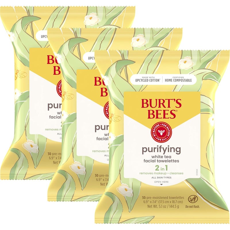 Burt's Bees هدايا يوم الحب من بيرتس بيز مناديل الوجه بالشاي الأبيض للبشرة الحساسة مزيل مكياج مهدئ مناديل تنظيف الوجه 30 قطعة 3 عبوات