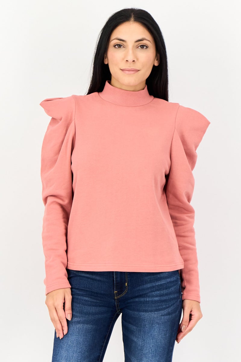 SELECTED Women Mock Neck Plain Long Sleeve Sweatshirt, Old Rose - Image 1